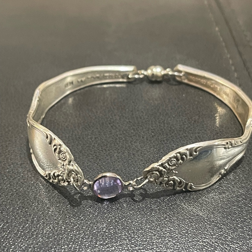 Silver Spoon-Inspired Bracelet with Purple Gemstone Handmade Jewelry